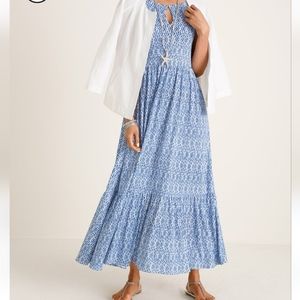 Chico's Dress women  maxi long stretch tiered elastic waist keyhole Blue White